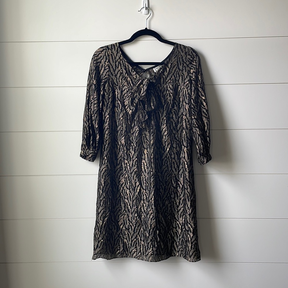 Leona by Lauren Leonard Gold/Black Mini Dress, 3/4 Sleeves, Bow Front - Size 4